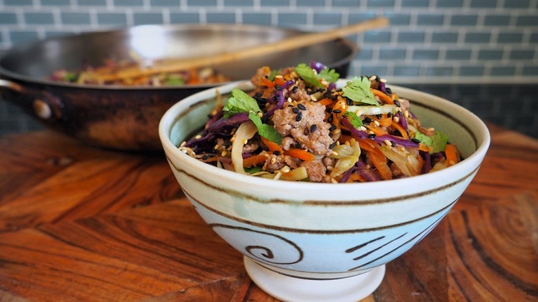 pork and vegetables in bowl