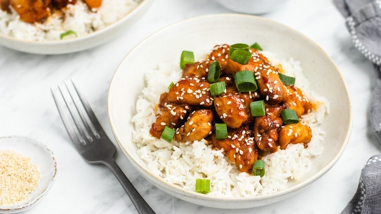 chicken on rice with scallions