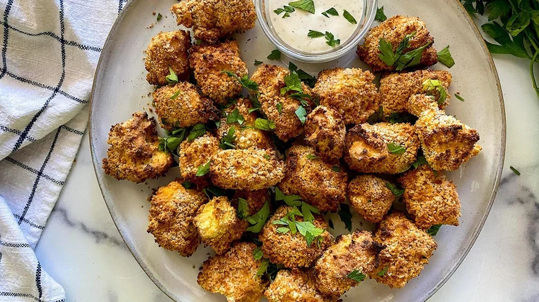 plate of air fryer tofu nuggets with dipping sauce