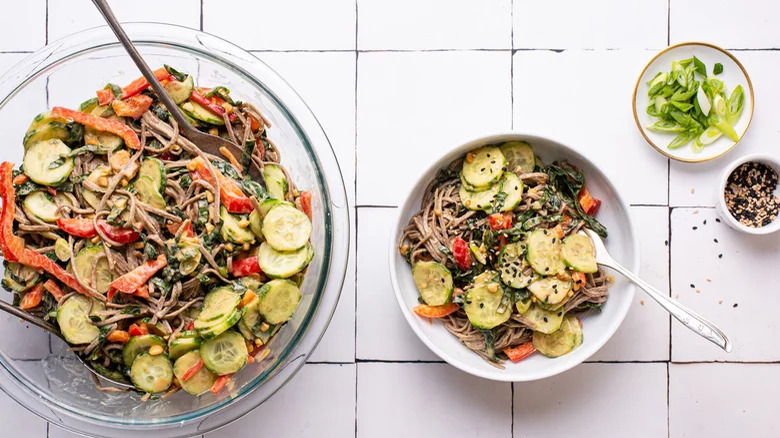 bowls of peanut soba noodle salad