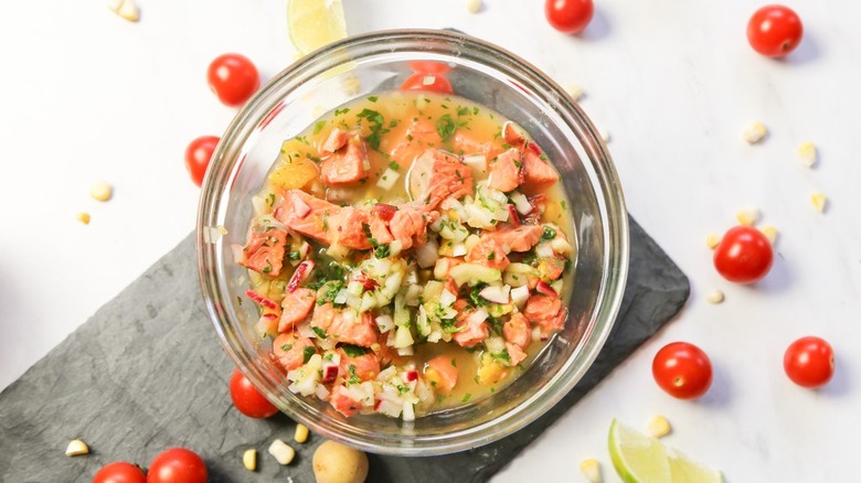 bowl of ceviche with cherry tomatoes