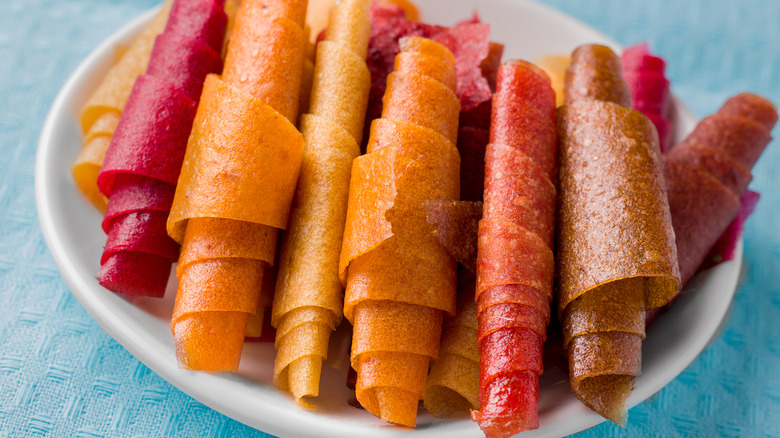 plate of homemade fruit roll-up snacks