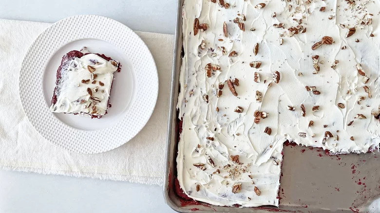 A pan of red velvet sheet cake