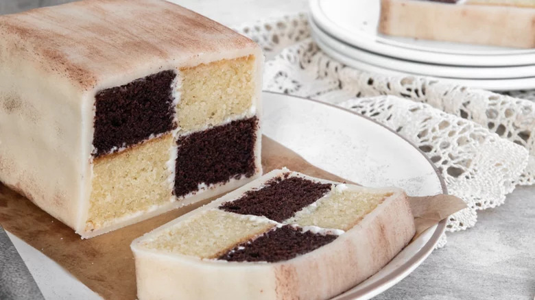 Sliced Battenberg cake in a tray