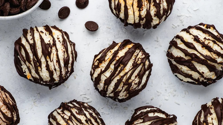 Coconut macaroons covered in chocolate