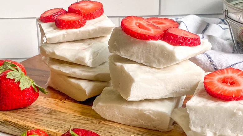 Blocks of Hawaiian haupia with strawberries