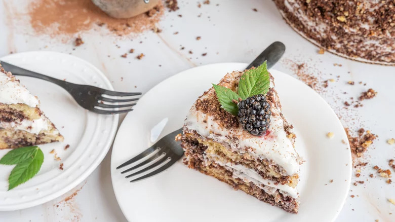 A slice of marble cake on a plate