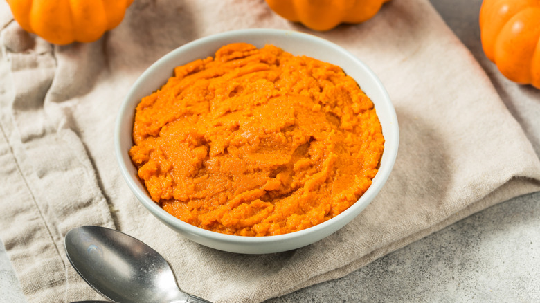 Canned pumpkin puree in white bowl