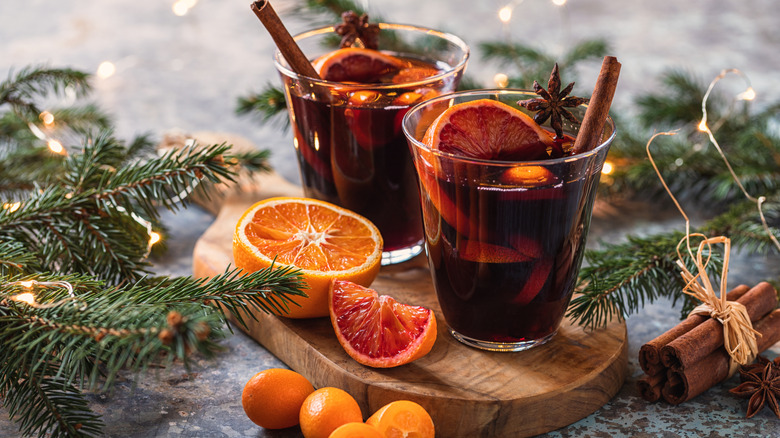 two glasses of mulled wine in a festive holiday setting