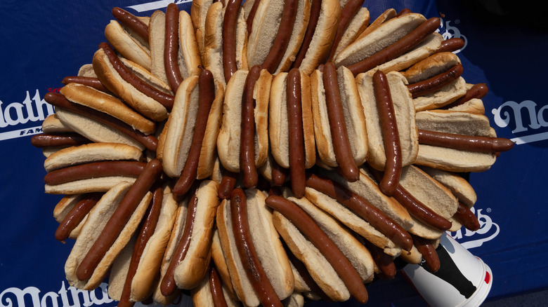 Pile of Nathan's hot dogs