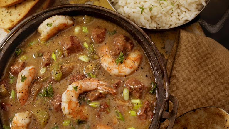 shrimp and sausage gumbo in a rustic pot