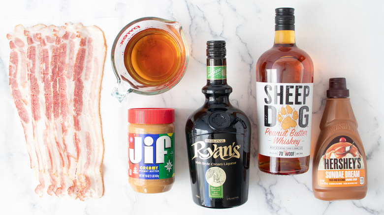 bacon, peanut butter, caramel syrup, and several types of alcohol