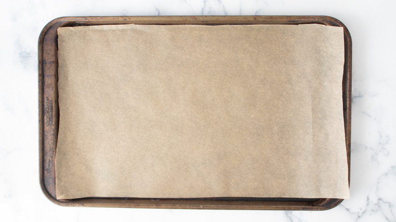 metal baking pan lined with paper