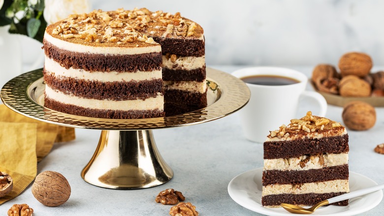 Multi-layered cake with chocolate sponge and cream