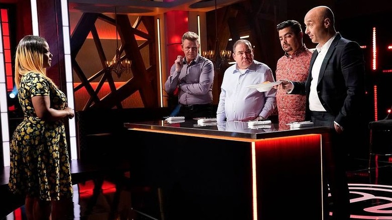 MasterChef: Legends judges critiquing with Emeril Lagasse