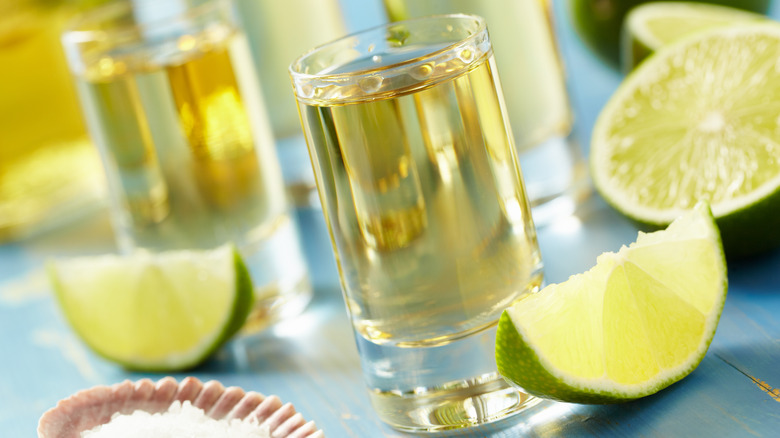 Tequila shot with lime and salt