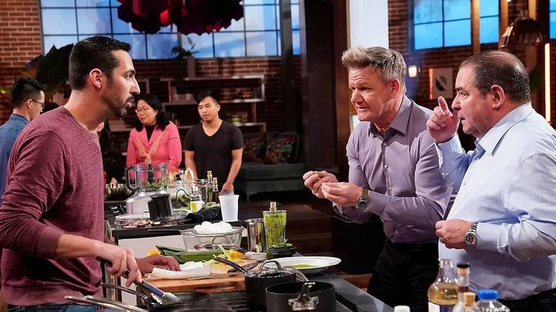 Gordon Ramsay and Emeril Lagasse coaching contestant on MasterChef: Legends