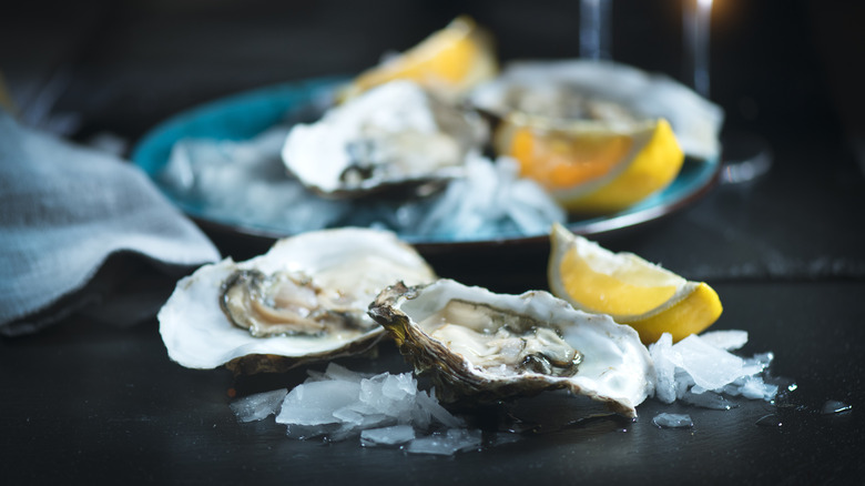 Oysters with lemon and ice on table