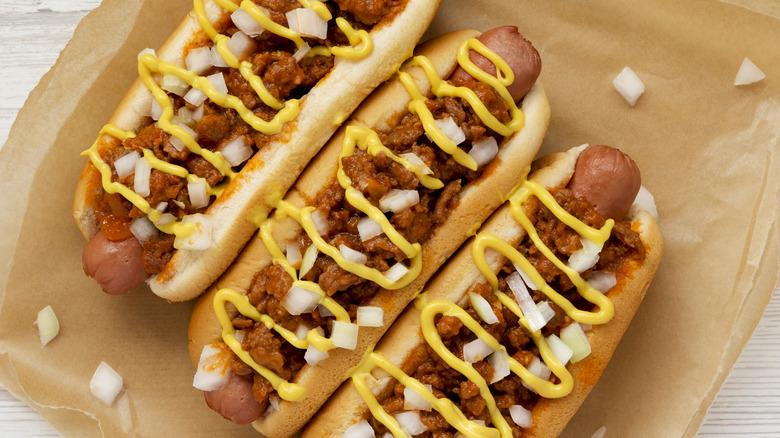 Chili dogs with onions