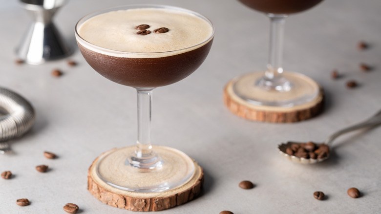 espresso martinis on wooden coasters