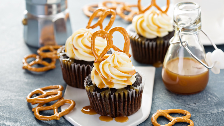 Pretzel topping a cupcake