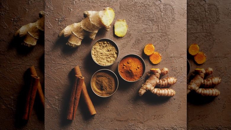 Ginger, cinnamon, and other spices both ground and whole