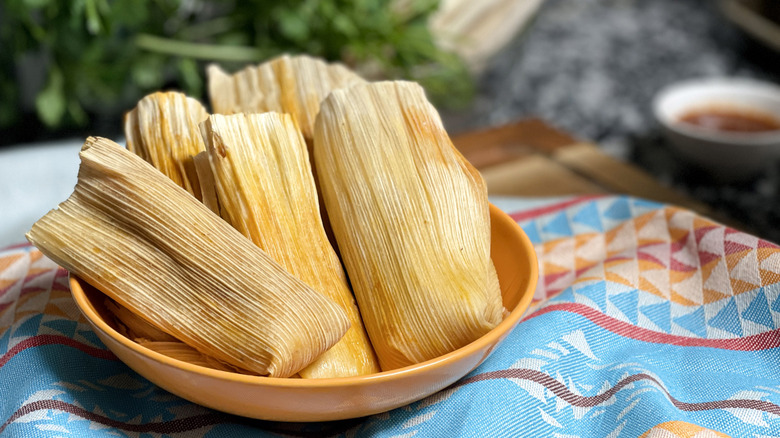 Pile of vegetarian tamales in bowl