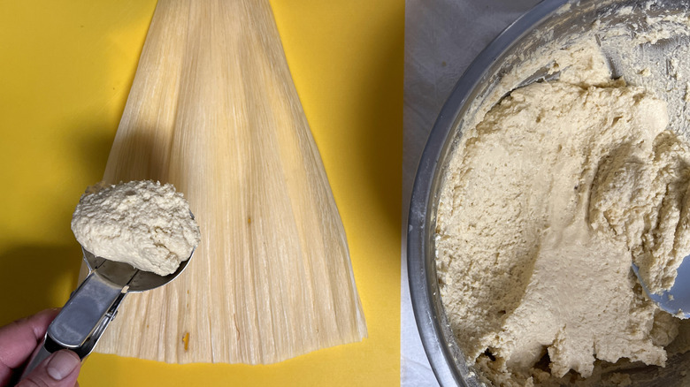 Scooping masa onto flattened corn husk