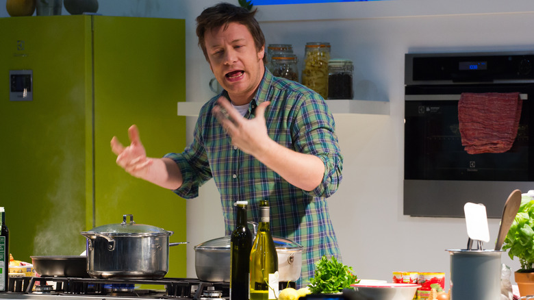 Jamie Oliver talking while cooking