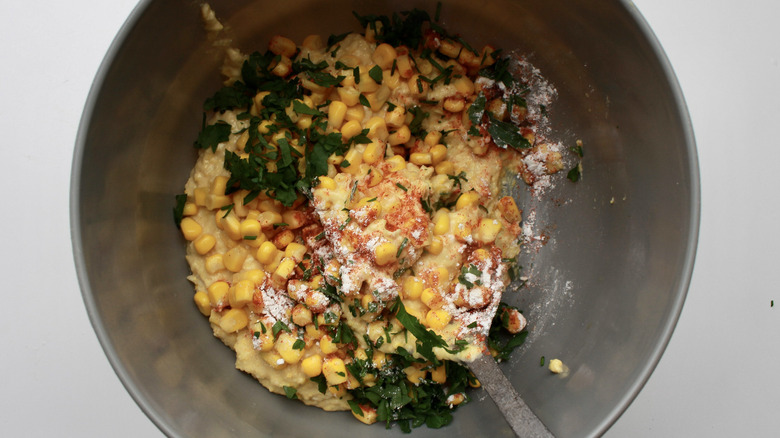 fritter ingredients blended in bowl