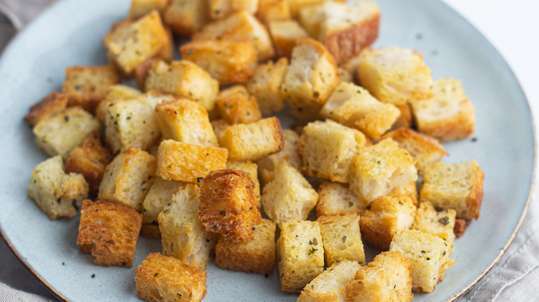 Golden Air Fryer Croutons on plate