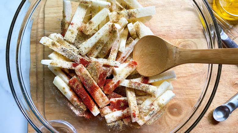 jicama fries covered with spices