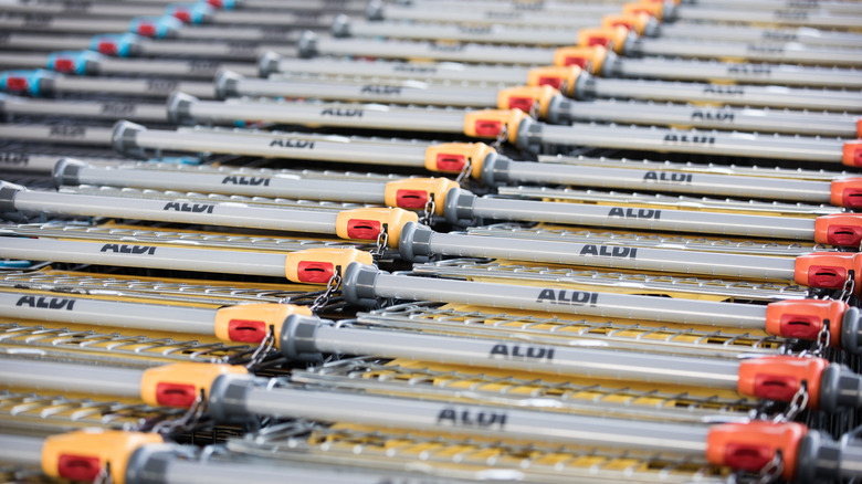 Rows of Aldi shopping carts