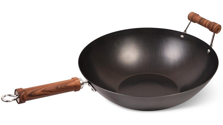 metal wok with wooden handles