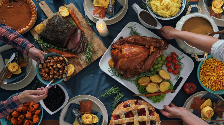 aerial view of Thanksgiving dinner spread