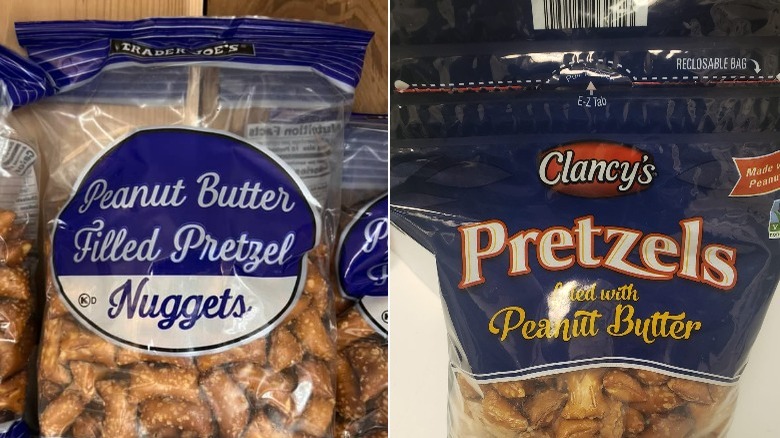 A side-by-side comparison of bags of peanut butter filled pretzels from Trader Joe's and Aldi