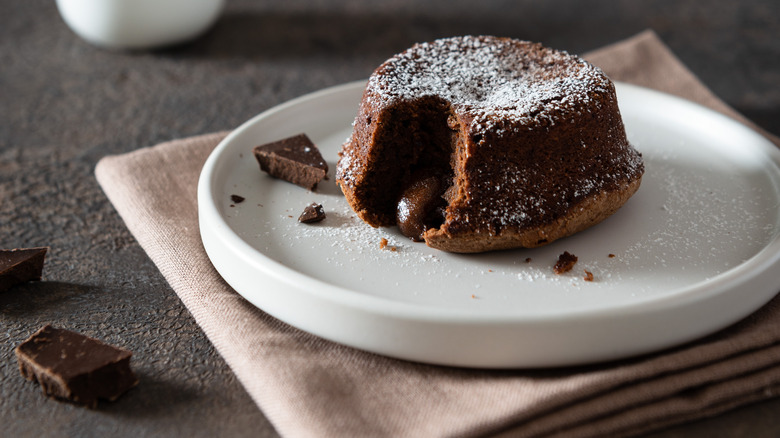 Chocolate lava cake on a white plate