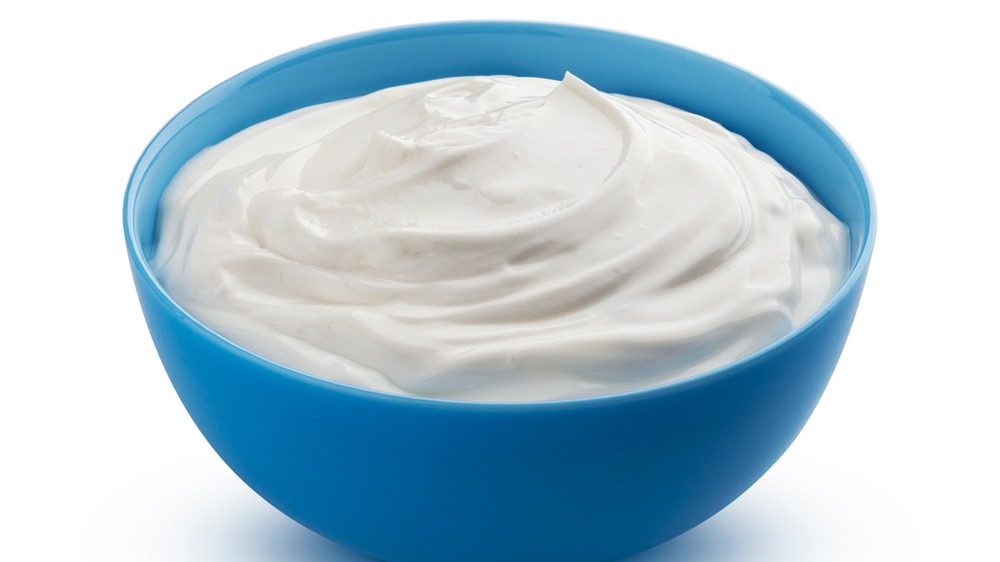 Blue bowl of greek yogurt