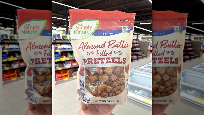 a bag of aldi's almond butter filled pretzels