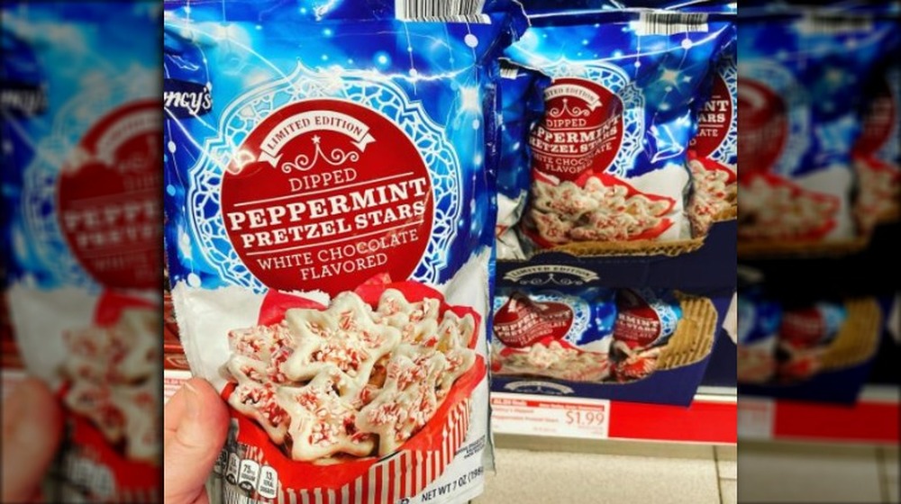 Clancy's White Chocolate Dipped Peppermint Pretzel Stars at Aldi