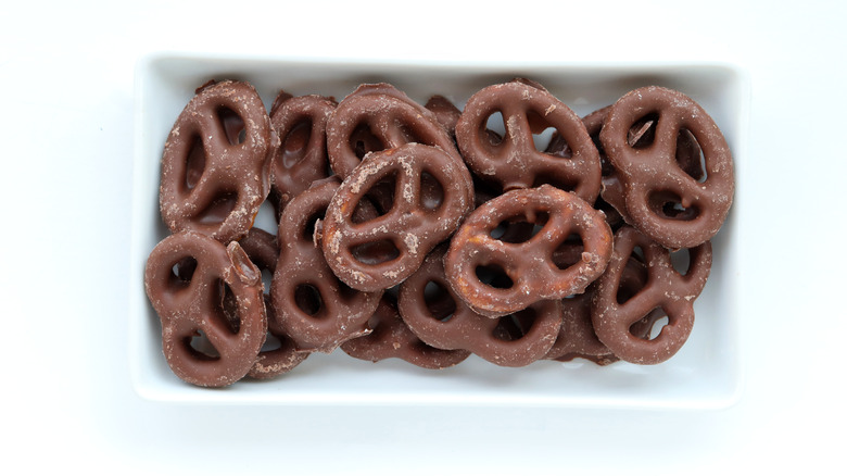 Chocolate pretzels on white