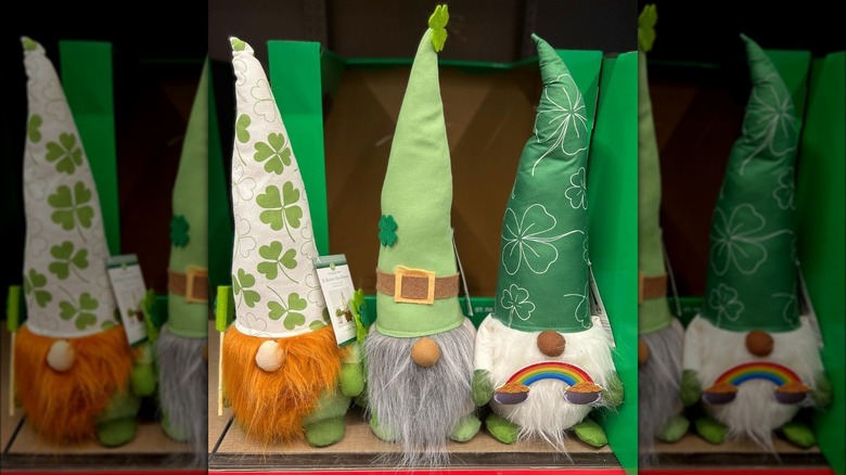 Green Aldi gnomes in a row