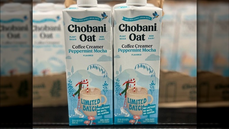 The Chobani Oat Peppermint Mocha coffee creamers