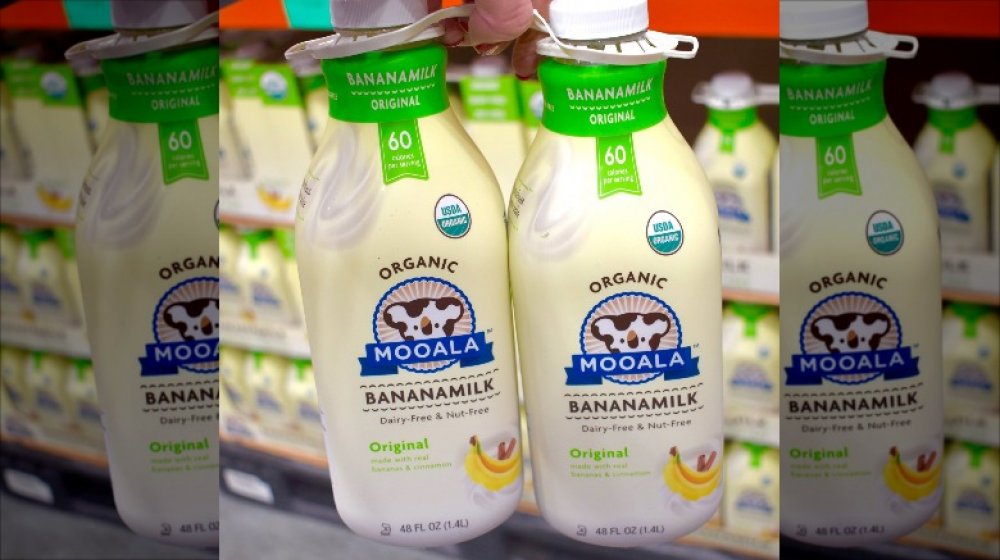 Two bottles of Mooala Bananamilk in original flavor