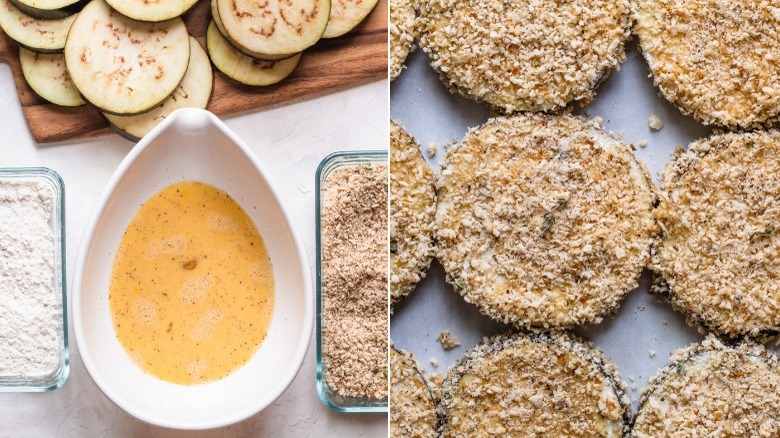 breading the eggplant parm