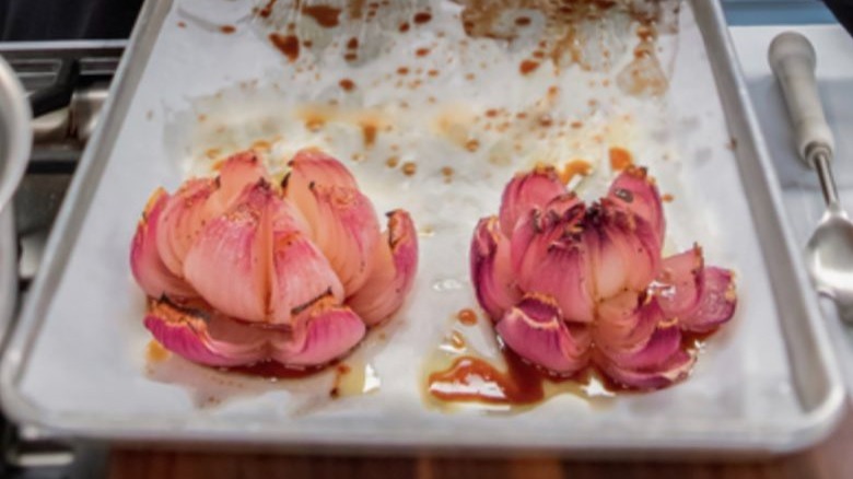 Alex Guarnashelli's flowering onions on sheet pan