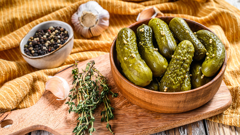 wooden bowl of pickles