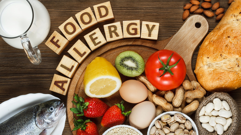 Table full of food with food allergy written out in blocks