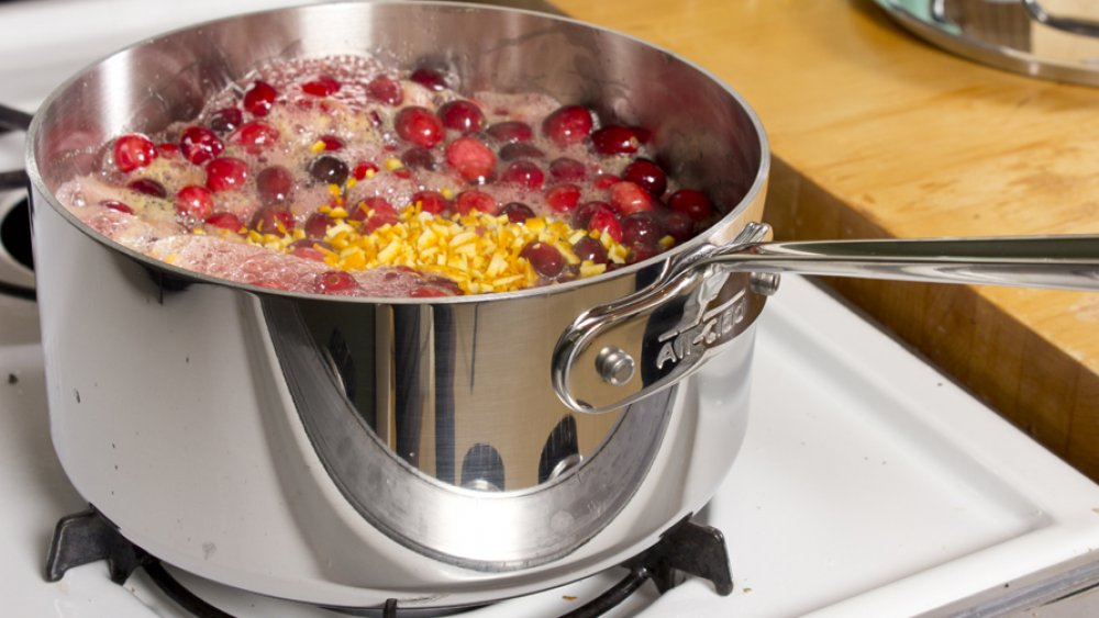 All-Clad saucepan, simmering cranberries.