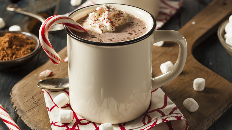 Hot chocolate, candycane, whipped cream & marshmallows